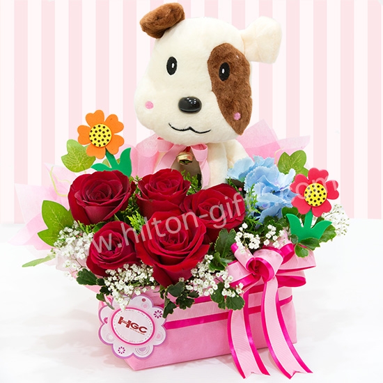 Puppy & Red Roses Flower 