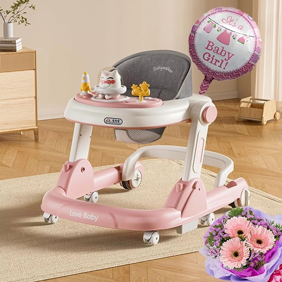 New Born Baby Walker - (Pink with Grey)